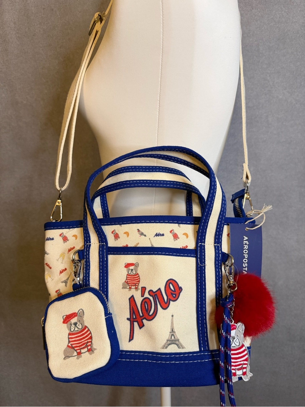 Aeropostale Paris French Bulldog Canvas Mini Tote Crossbody Bag w/Coin Pouch NWT